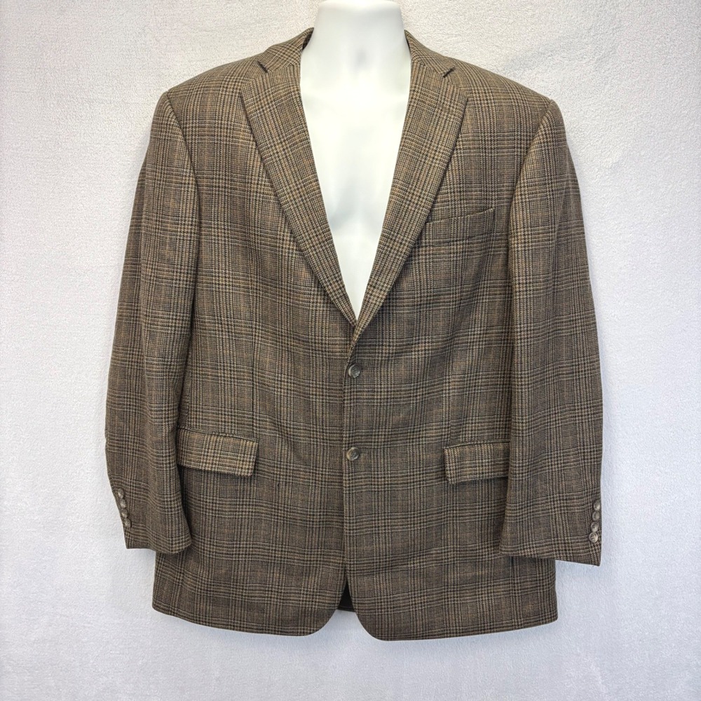Botany 500 100% Lambswool Blazer Mens 43R Olive Brown Plaid Sport Coat Retro